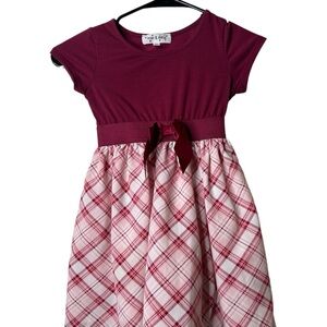 Berry Plaid Kids Dress with Bow Accent